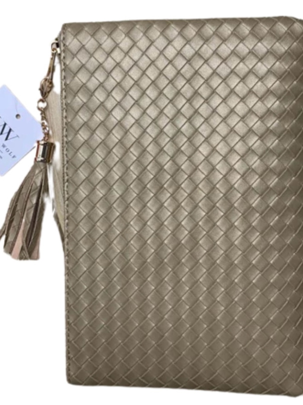 NWT Mimi Woven Metallic Vegan Leather Gold Clutch with Tassel - Picture 7 of 9